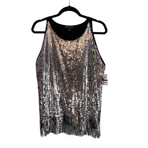 INC International Concepts Top Womens XL Tank Sequins Fringe Scoop Silver Black
